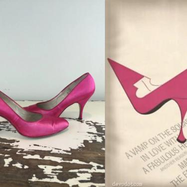 The Vamp Touch - Vintage 1950s 1960s Fuchsia Pink Satin High Heel Stiletto Dress Heels - 7A 