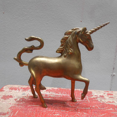 Vintage Brass Mythical Animal Fantasy Unicorn Horse Animal Standing Figurine Sculpture Statue Solid Brass Gold Metal Figure Knick Knack 