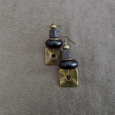 Hammered bronze earrings, geometric earrings, unique mid century modern earrings, ethnic earrings, bohemian earrings, statement, black 