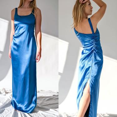 Vintage 90s Giorgio Armani Cerulean Blue Asymmetrical Silk Maxi Dress w/ Tags | UNWORN | Made in Italy | 1990s Armani Designer Gown Dress 