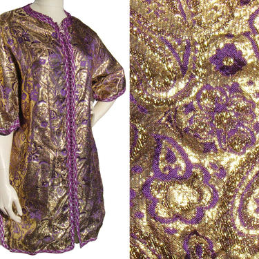 Vintage Brocade Dress Kameez Purple &amp; Gold Metallic Paisley M / L 