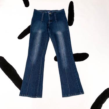 90s / y2k / Vertical Pin Stripe Denim Faded Flares / Bell Bottoms / Apollo Jeans / Stretch Denim / Low Rise / Bratz / Paris Hilton / Size 5 