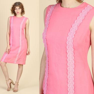 60s Pink Mod Mini Dress - Medium | Vintage Crochet Trim Sleeveless Shift Minidress 
