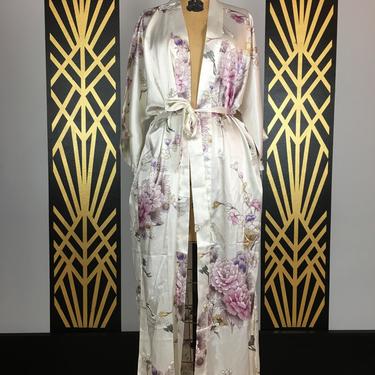 vintage robe, crane print, dressing gown, kimono style, medium, novelty print, asian robe, white satin, loungewear, bird, pink and lilac 