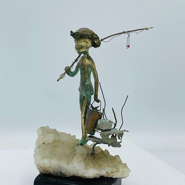 Malcolm Moran Bronze and geode Crystal Sculpture of a Boy Fishing- 1963 