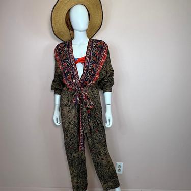 Vtg 1980s abstract mix print rhinestone jumpsuit by Andree Gaye 