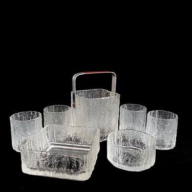 Vintage Mid Century Modern 70s HOYA Textured Ice Art Glass & Stainless Steel and Leather Barware Set Ice Bucket / Bowls / 4 Drinking Glasses 