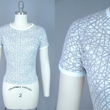 1960s NWT Banlon T-Shirt | Vintage 60s Deadstock White & Grey Abstract Print Top | xs / s 