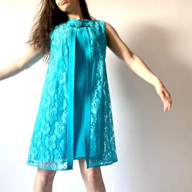 1960s dress vintage 60s blue lace overlay shift dress w32 