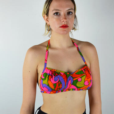 Vintage 70s 60s Bikini Halter Swimsuit Swim Top / Pinup Pin Up VLV Summer 1960s 1970s / Psychedelic Print Pink Red / Small Medium Hippy Boho 
