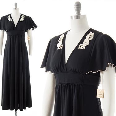 Vintage 1970s Maxi Dress | 70s DEADSTOCK with Tags Black Flutter Sleeve Empire Waist Full Length Lace Appliqué Fit Flare Boho Dress (small) 