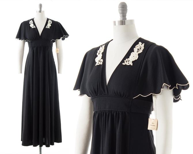 Vintage 1970s Maxi Dress | 70s DEADSTOCK with Tags Black Flutter Sleeve Empire Waist Full Length Lace Appliqué Fit Flare Boho Dress (small) 