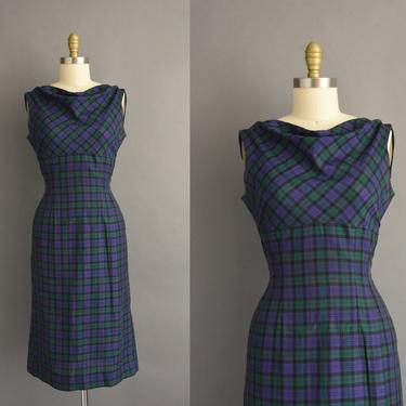 1950s vintage dress | Adorable Navy Blue & Green Plaid Print Cocktail Party Cotton Wiggle Dress | Small | 50s dress 