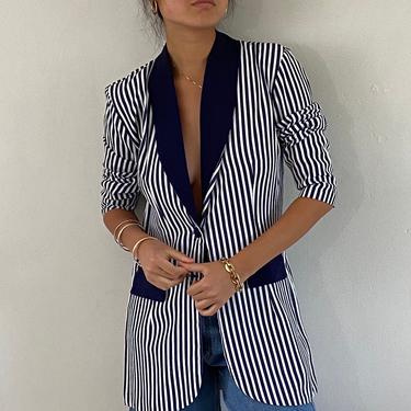 80s striped rayon blazer / vintage navy blue striped pinstripe lightweight blazer / contrast collar blazer | S 