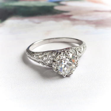 Art Deco 1.17ctw. Diamond Filigree Engagement Ring Platinum With 14K White Band 