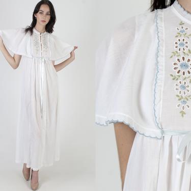 Vintage 70s Floral Embroidered Dress / Cutout Eyelet Thin White Nightgown / Womens Lightweight Lounge Robe Maxi Dress 