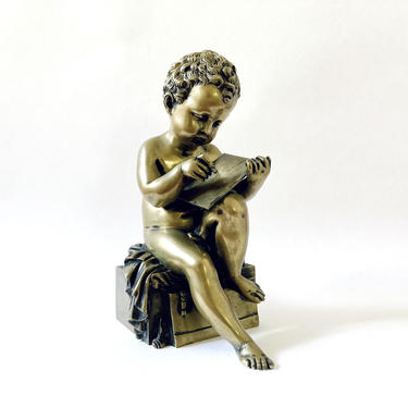 Antique French Bronze Sculpture Seated Putti Drawing after Antonio Canova 9.5” 
