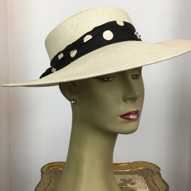 1980s summer hat, White straw hat, polka dot hat, wide brim hat, Kentucky Derby, boater style hat, Pretty woman 