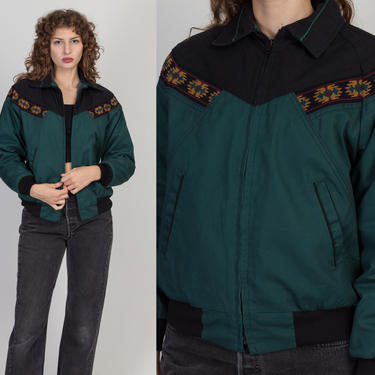 90s Southwestern Bomber Jacket - Medium | Vintage Oversized Green Blanket Lined Denim Coat 
