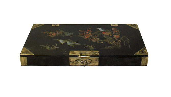 Chinese Black Lacquer Flower Bird Graphic Rectangular Display Box cs3344 