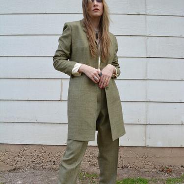 Vintage green suit set / vintage suit / vintage 90s suit / vintage sage green suit / vintage long blazer / vintage womens suit / petite suit 