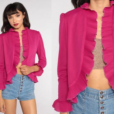 Puff Sleeve Top 80s Pink Ruffle Jacket Bohemian Shirt Open Front Vintage Boho Hippie Shirt Festival 1980s Top Medium 