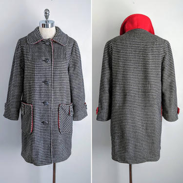 vintage 60's houndstooth wool button front pea coat in black and white with red accents size S-M by BetaGoods