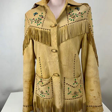 1940's Native American Buckskin Western Fringe Jacket -  Handmade with Beadwork - Women's Size Medium 