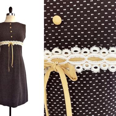 Vintage 60s chocolate brown dotted Swiss sheath dress| mustard yellow and lace trim 