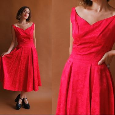 Vintage 50s Red Brocade Cocktail Dress/ 1950s Sweetheart Off The Shoulder Neckline/ Full Skirt/ Size Small 26 