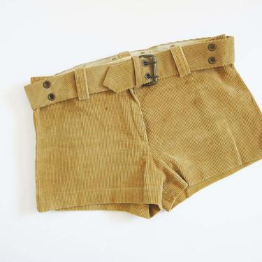 Vintage 70s Corduroy Shorts M - 1970s Tan Brown Corduroy Hip Hugger Womens Hot Pants - 70s Cord Shorts Matching Belt - Boho Shorts 