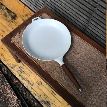 1960s Michael Lax Danish Large White Skillet with Teak Handle by Copco Denmark 
