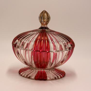 vintage ruby flash clear glass footed compote with lid/ruby flash candy dish 