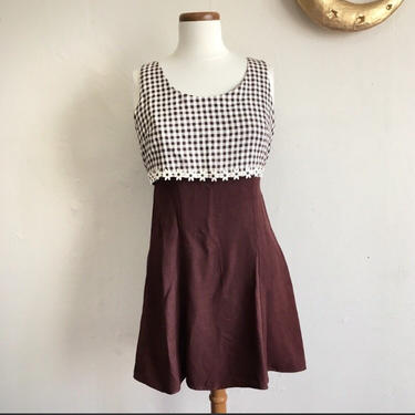 Vintage Daisy Mini Dress | 90s Checkered Brown and Cream Byer Too Dress by blindcatvintage