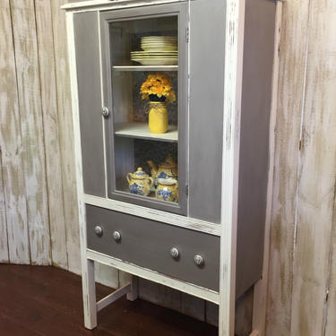 Vintage China Cabinet | Painted Gray and White with Lace Backing 