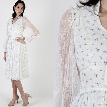 Gunne Sax White Calico Dress / Tiny Blue Green Floral Corset Lace Up Dress / Jessica McClintock Full Skirt Peasant Mini Knee Length Dress by americanarchive