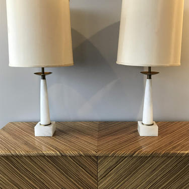 Mid Century Pair of brass and quartz table lamps 