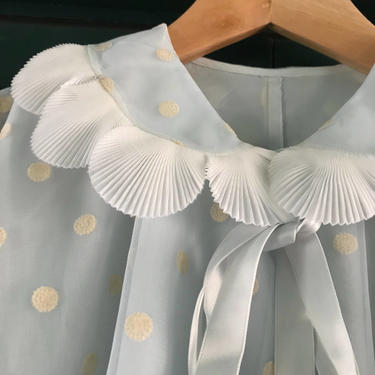 Odette Barsa Vtg Lingerie Nightgown Robe Polka Dots Nylon Lace Peignoir Negligee Baby Blue 1950's 