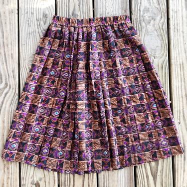 Vintage 80s Andrea Gayle High Waisted Bronze Black + Purple Knee Length Diamond Design Accordian Circle Skirt S 