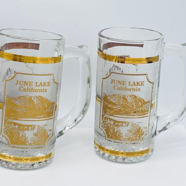 Vintage (2) Culver Glass Souvenir June Lake California  GOLD Encrusted Beer Steins 22K Gold encrusted 