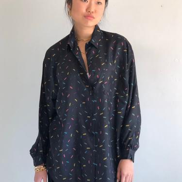90s silk oversized blouse / vintage black silk squiggle sprinkle print batwing blouse pocket shirt | L XL 