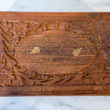 Vintage Hand Carved Wooden Jewelry/Trinket Box with Gold Details and Fabric Lining 