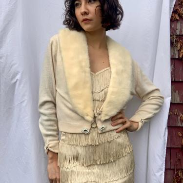 1950s Cashmere + Fur Sweater / Deep V Cardigan Knit Sweater / Blonde Mink Collar / Holiday Party / Size Small / Mad Men 