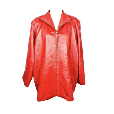 Vintage Leather Jacket, Red Leather Coat, Zip Up, 80's Clothing, Hipster, Venezia, Size 20W, Genuine leather, Gold Hardware 