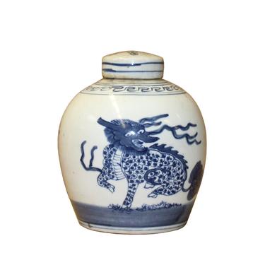 Chinese Blue White Ceramic Kirin Phoenix Graphic Ginger Jar ws814E 