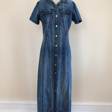 Short-Sleeved Denim Midi-Length Shirt Dress - 1990s 