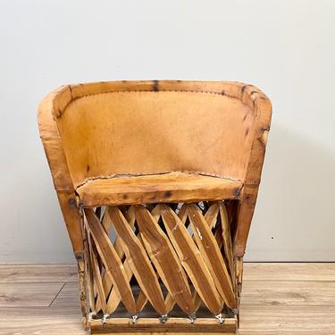 Vintage Mexican Equipale Chair | Leather Chair | Wood Chair | Barrel Chair | Rustic Chair | Side Chair | Brown Pigskin Cedar 