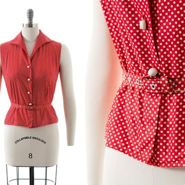 Vintage 1950s Blouse with Belt | 50s Polka Dot Red Cotton Button Up Sleeveless Top with Belt (small/medium) 