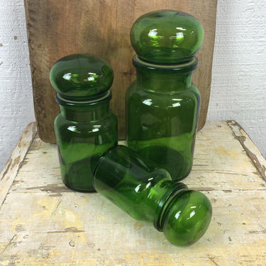 Set of three green vintage pharmacy jars, European 
