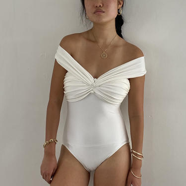 80s Bill Blass swim suit bathing suit / vintage white Hollywood glamour off shoulder one piece tank swimsuit | S M 